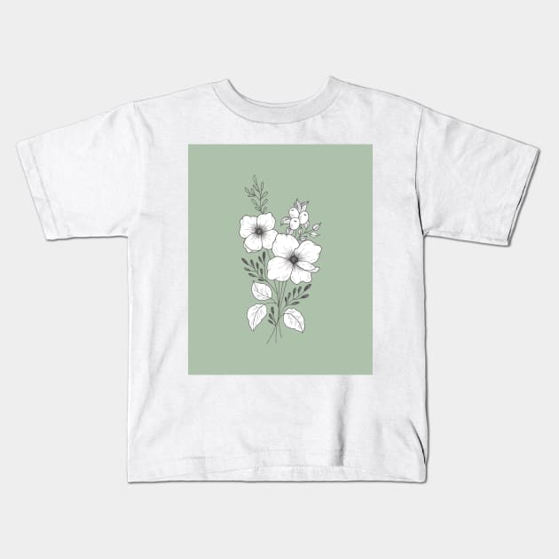 Vintage botanical flowers on green Kids T-Shirt by ApricotBlossomDesign